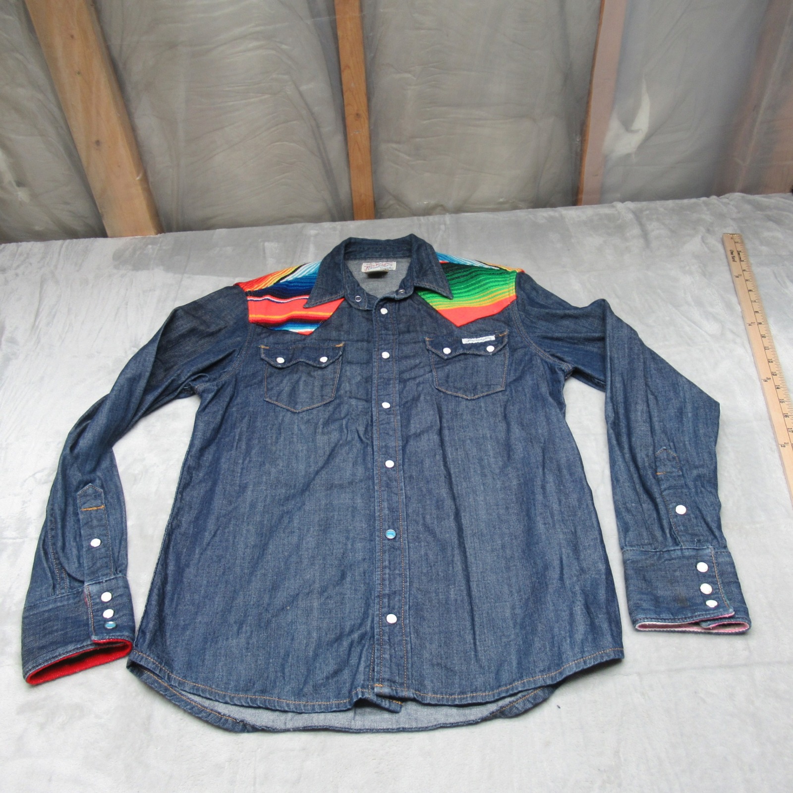 True Religion Aztec Shirt Mens Large Blue Baja Western Denim Pearl Snap Rare